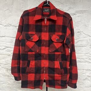 King-Size Buffalo Plaid Wool Flannel Shirt Jacket Crown Zipper Vintage 40s 50s